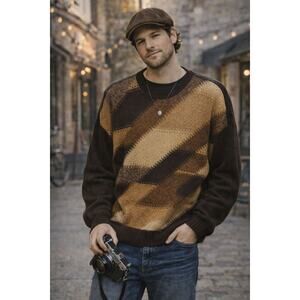 Vintage Liberty Mens Chevron Retro Grandpa Sweater Large Brown 90s Grunge Indie